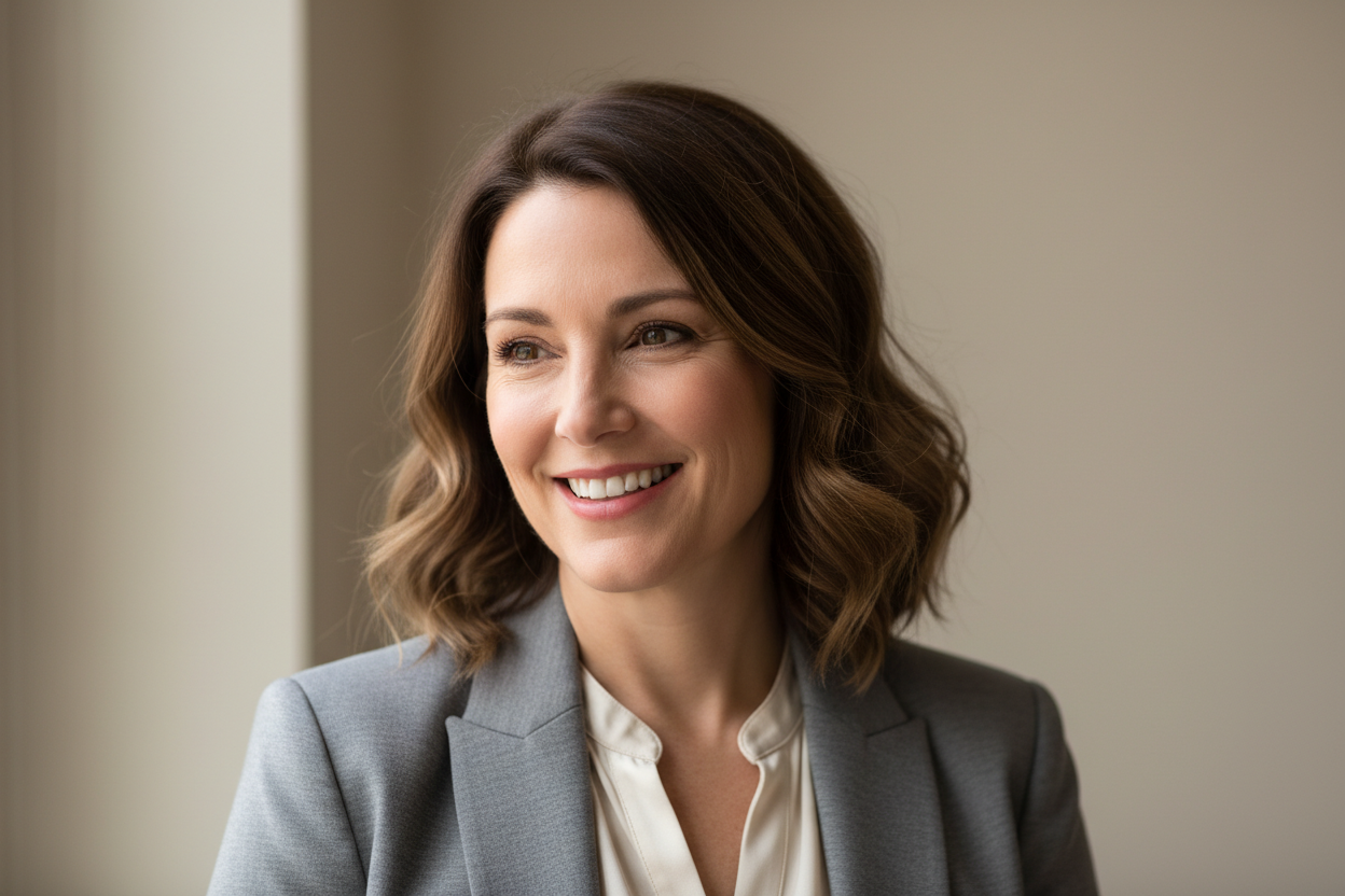 a headshot profile picture of a 40 year old woman