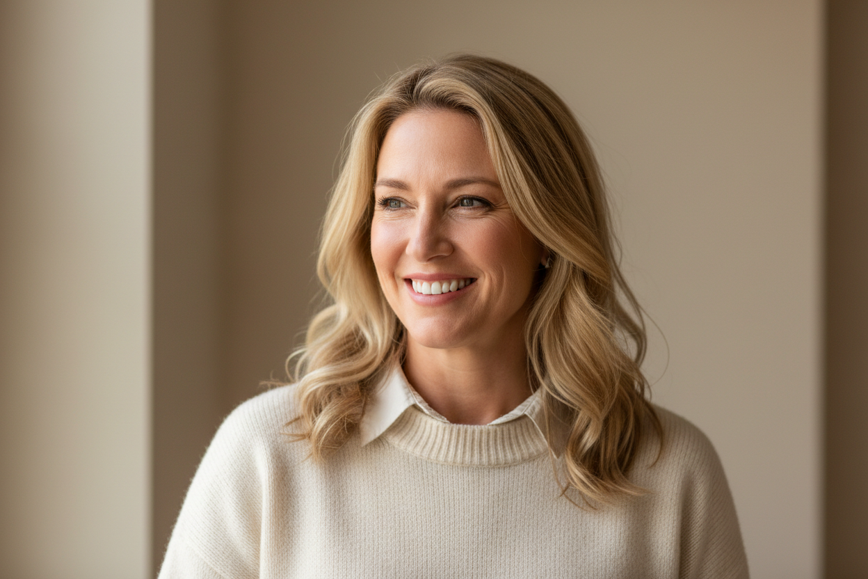 create a headshot profile pic of a 40 year old woman from california with casual clothes